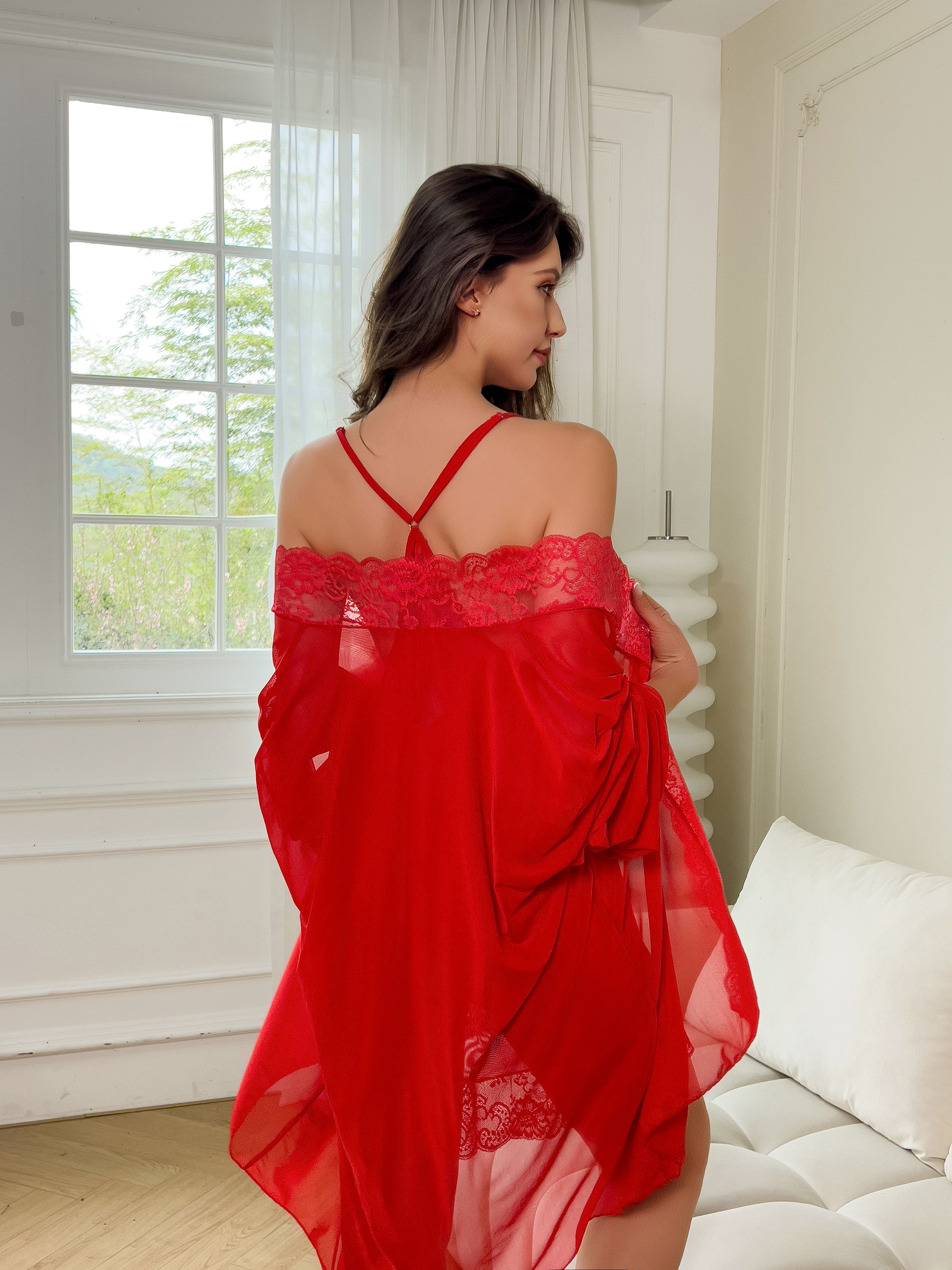 Plus Size Women Sexy Red Sheer - Kimono Sheer Floral incelemesi ve fiyatı