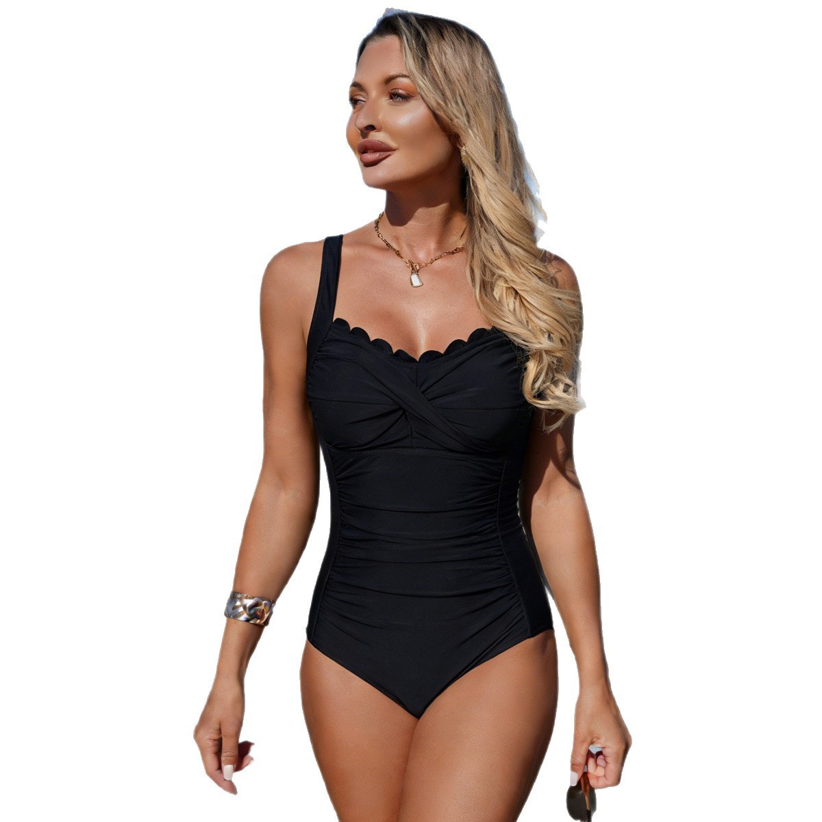 Black Swimsuit Scalloped Neckl - Swimsuit Bikini Ruched incelemesi ve fiyatı