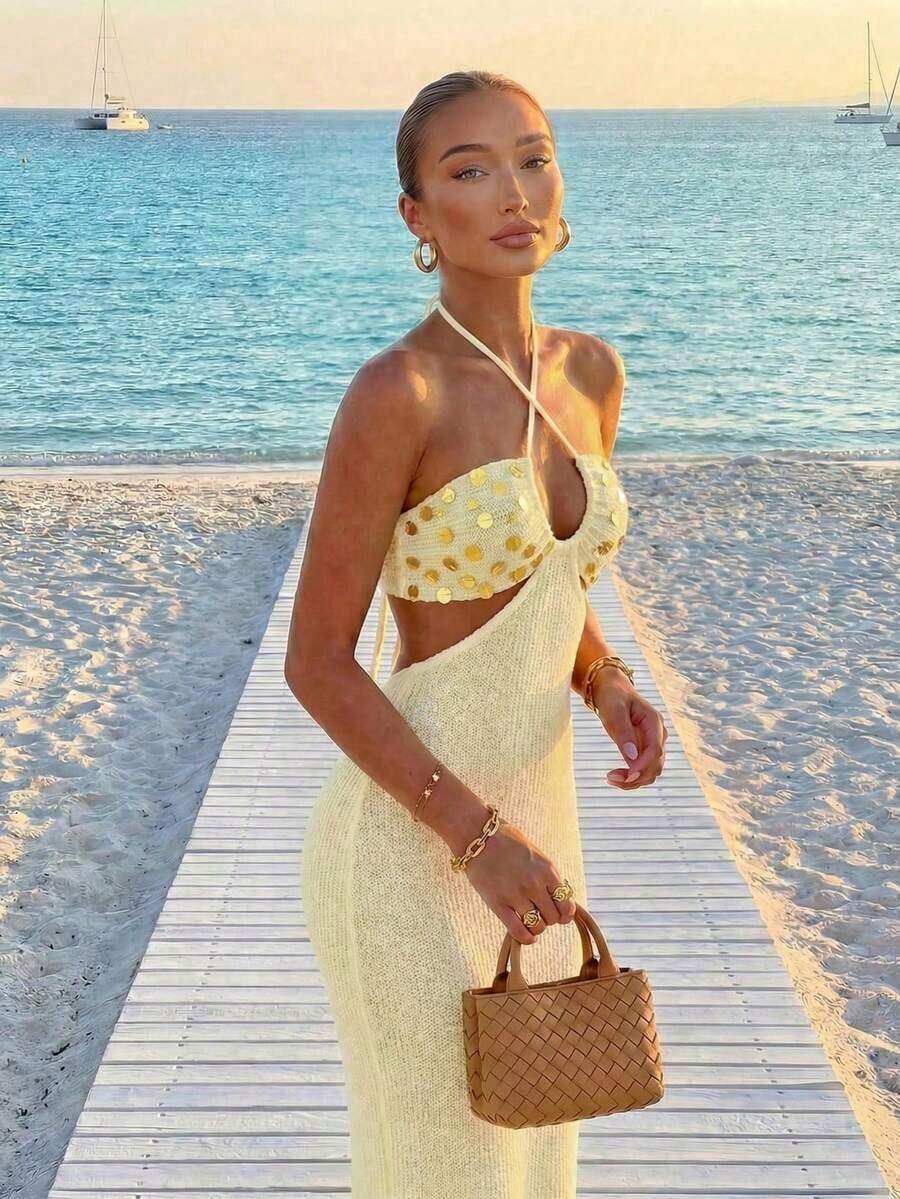 Womens Bohemian Sequin Spaghet - Maxi Dress Halter incelemesi ve fiyatı