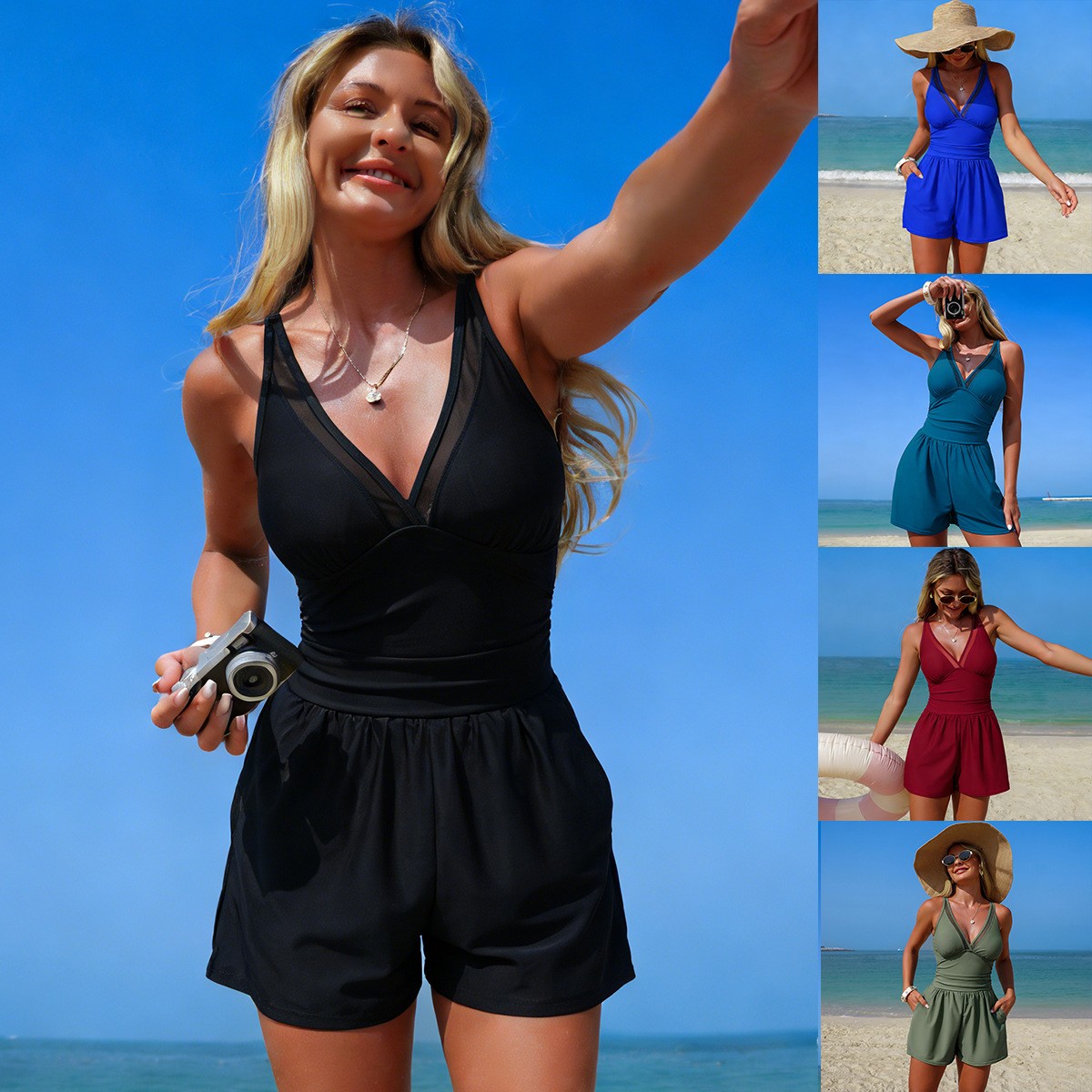 Black Solid Color Sleeveless V - Swimsuit Bikini Ruched incelemesi ve fiyatı