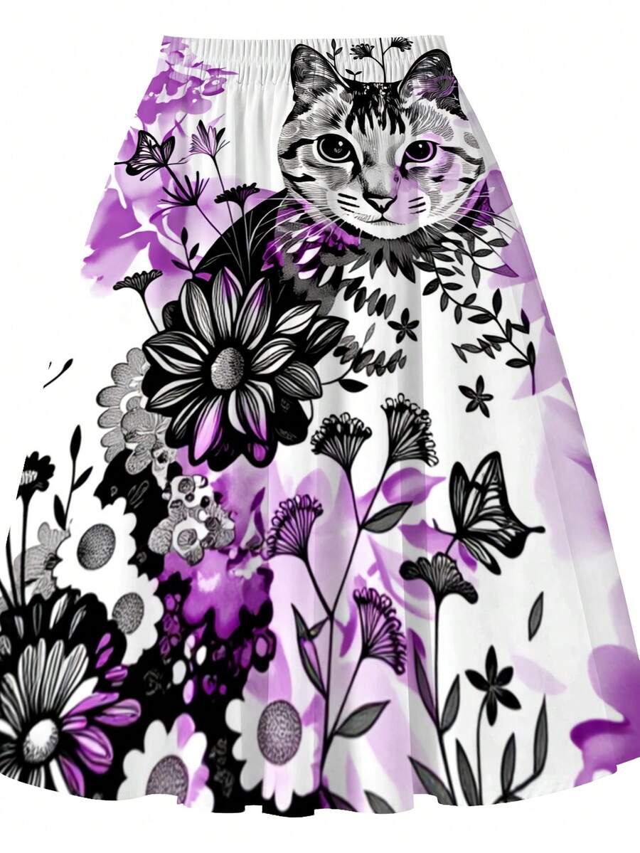 Oversized Floral Cat Print Mid - Midi Skirt Floral incelemesi ve fiyatı