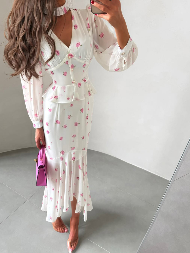 Women White Pink Floral Choker - Midi Skirt Floral incelemesi ve fiyatı