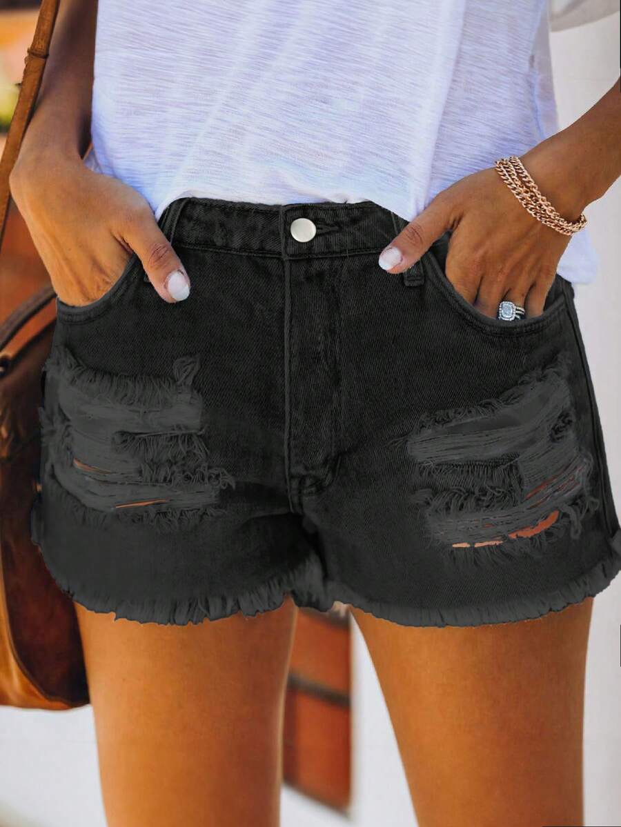Mid Waist Washed Denim Shorts  - Shorts Denim Frayed incelemesi ve fiyatı
