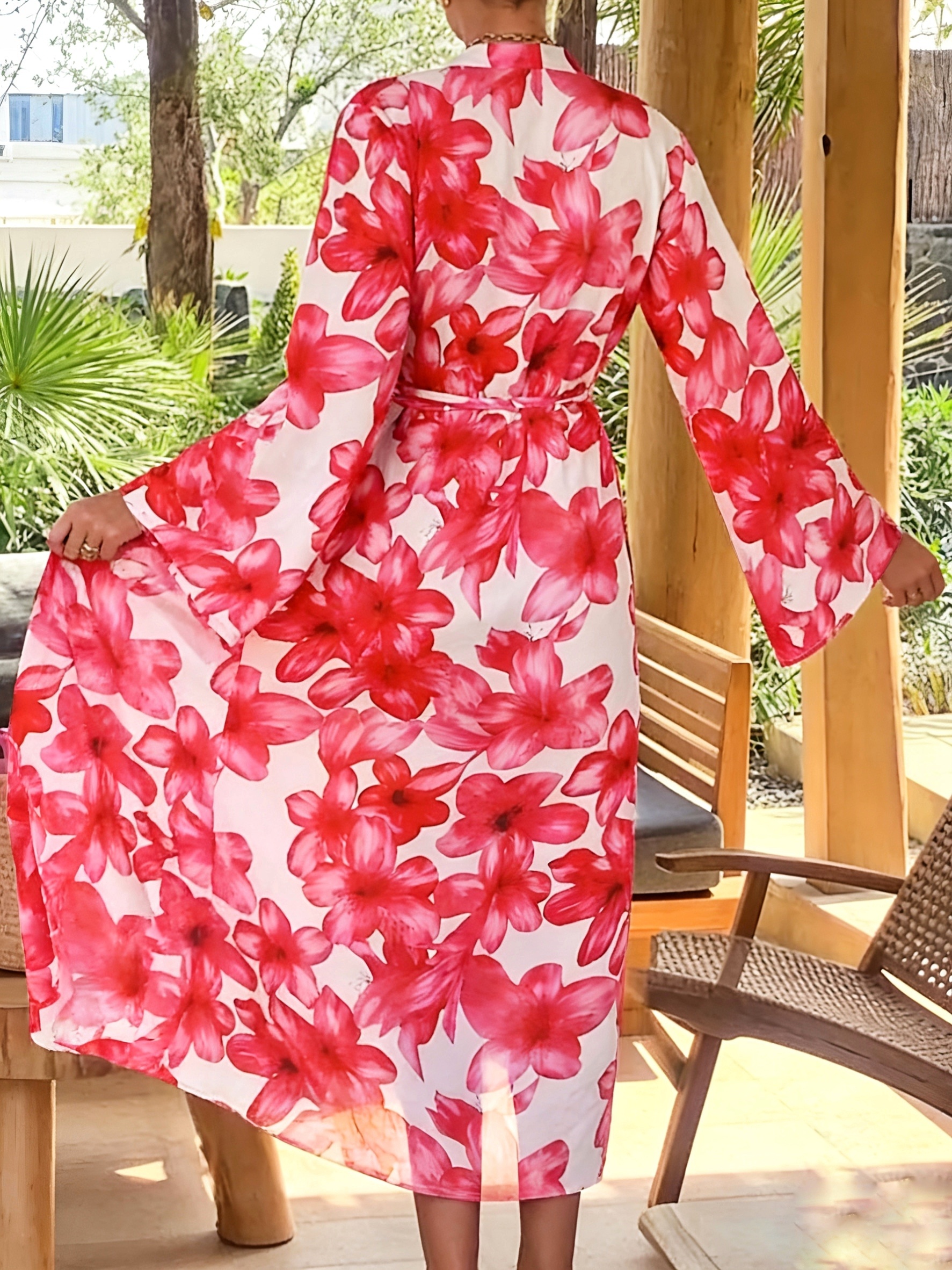 Women's Red Floral Kimono Robe - Kimono Sheer Floral incelemesi ve fiyatı