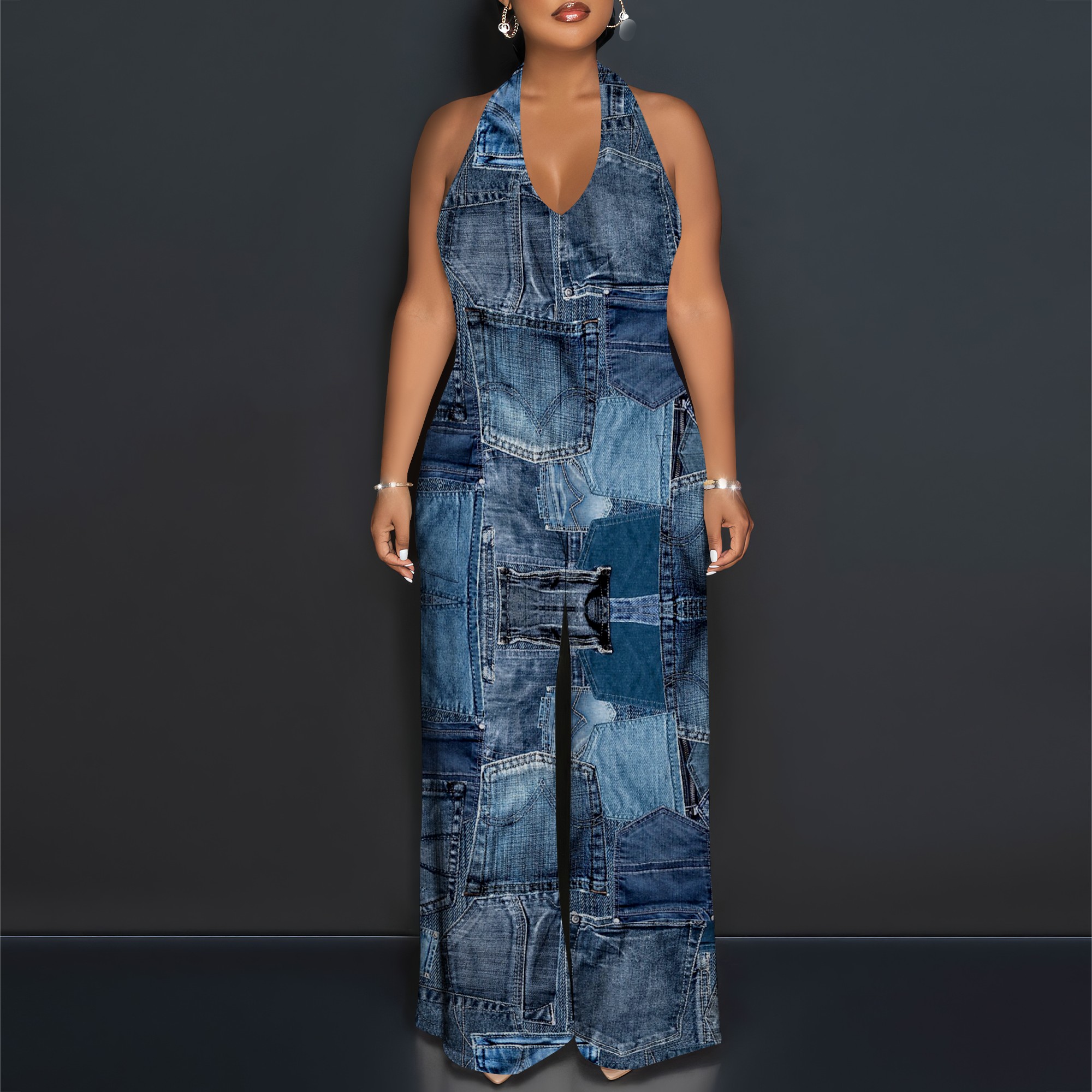 Denim Patchwork Halter V-Neck  - Maxi Dress Halter incelemesi ve fiyatı