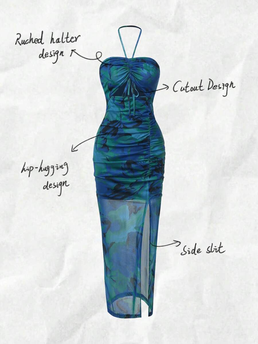 Halter Neck Pleated Mesh Print - Maxi Dress Halter incelemesi ve fiyatı
